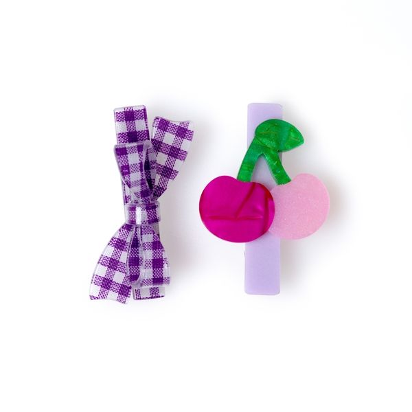 Dupla Hairclip Cerejinha e Laço Xadrez Lilás