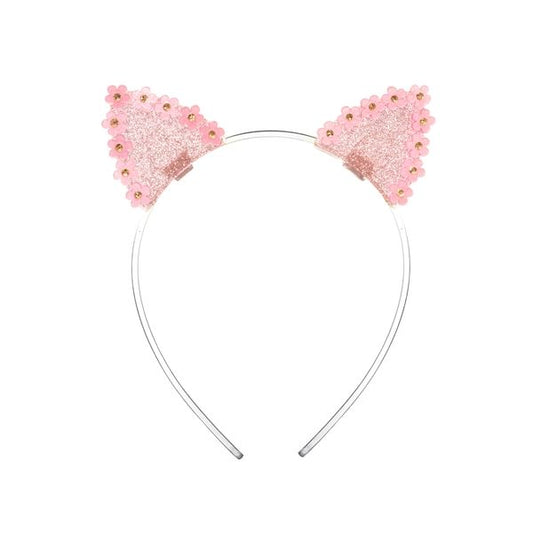 Arco Orelha Gatinho Rosa Glitter com Flor