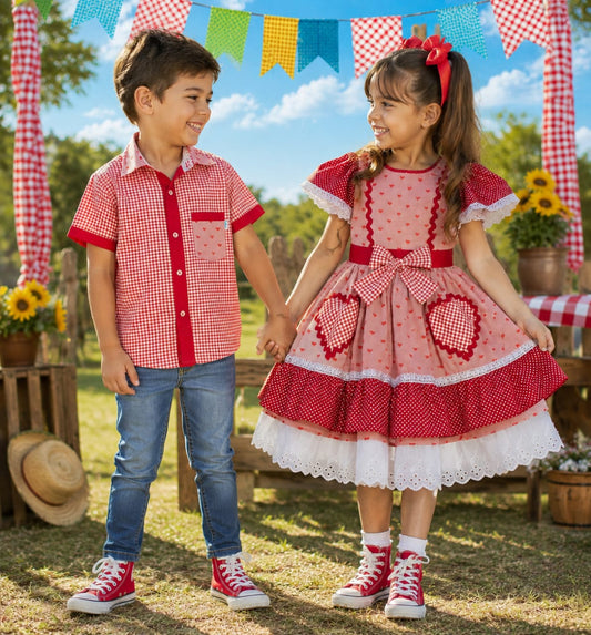 Vestido Coração Xadrez Vermelho